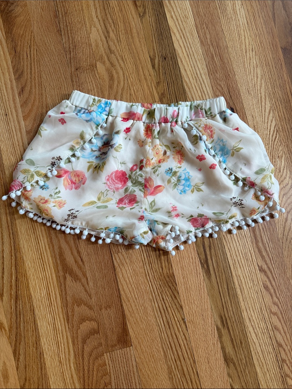 The Hanger Cream Floral Pom-Pom Girls' Shorts with Pink & Blue Flowers